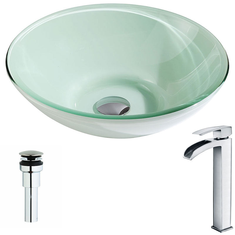 Anzzi Sonata Series Deco-Glass Vessel Sink in Lustrous Light Green Finish with Key Faucet in Polished Chrome