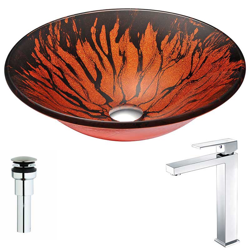 Anzzi Forte Series Deco-Glass Vessel Sink in Lustrous Red and Black with Enti Faucet in Polished Chrome