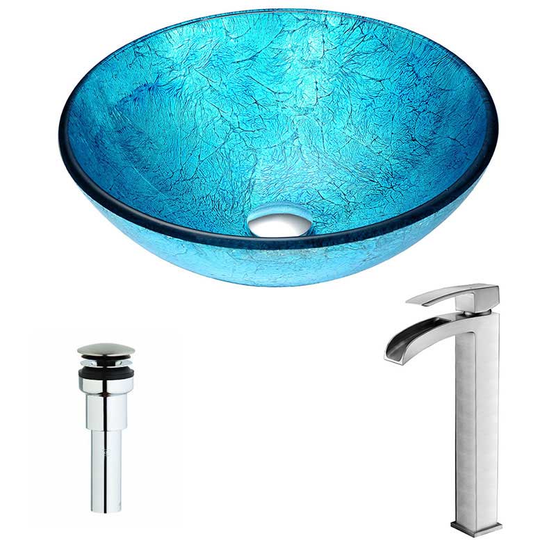 Anzzi Accent Series Deco-Glass Vessel Sink in Emerald Ice with Key Faucet in Brushed Nickel