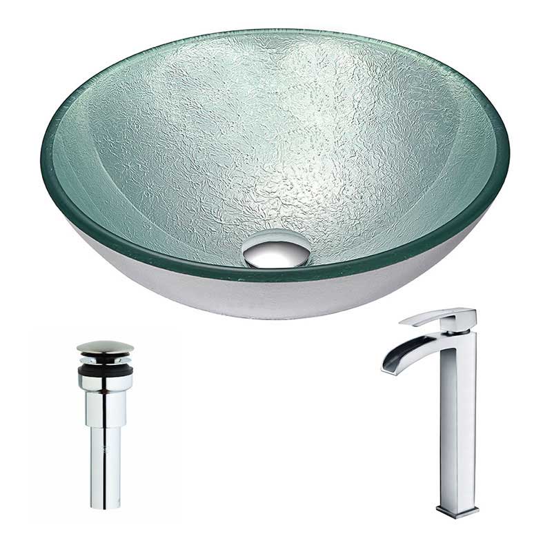 Anzzi Spirito Series Deco-Glass Vessel Sink in Churning Silver with Key Faucet in Polished Chrome