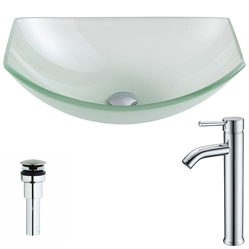 Anzzi Pendant Series Deco-Glass Vessel Sink in Lustrous Frosted Finish with Fann Faucet in Chrome
