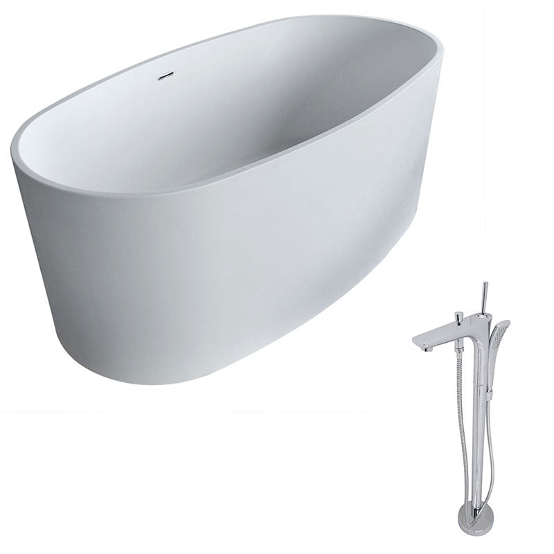 Anzzi Roccia 5.1 ft. Man-Made Stone Freestanding Non-Whirlpool Bathtub in Matte White and Kase Series Faucet in Chrome