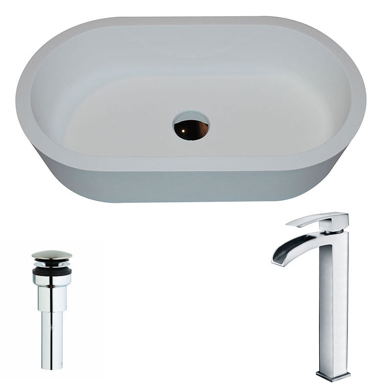 Anzzi Vaine Series 1-Piece Man Made Stone Vessel Sink in Matte White with Key Faucet in Polished Chrome