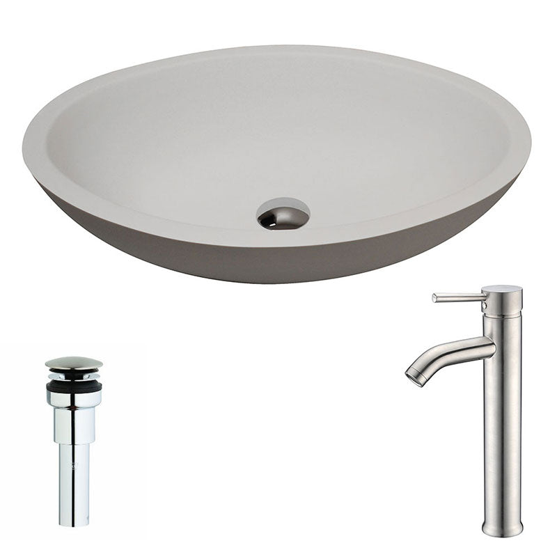 Anzzi Maine Series 1-Piece Man Made Stone Vessel Sink in Matte White with Fann Faucet in Brushed Nickel