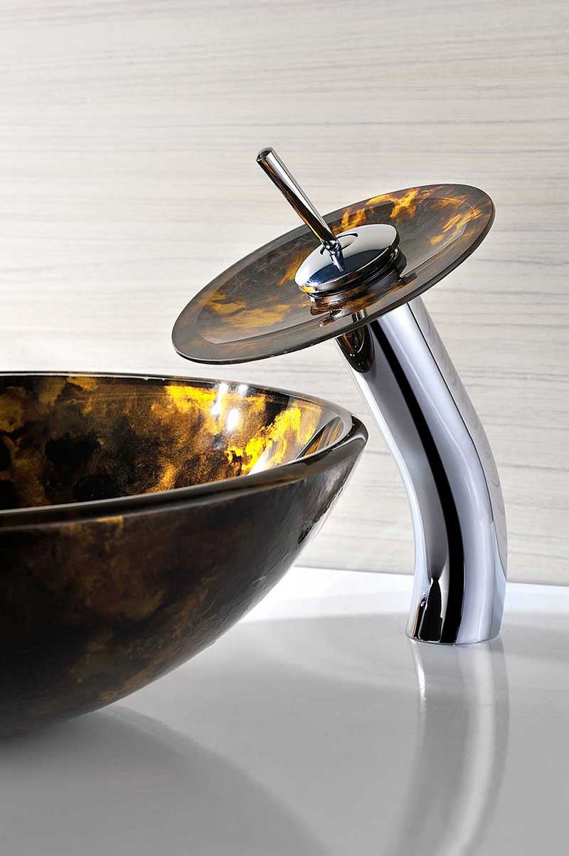 Anzzi Timbre Series Deco-Glass Vessel Sink in Kindled Amber with Matching Chrome Waterfall Faucet 9