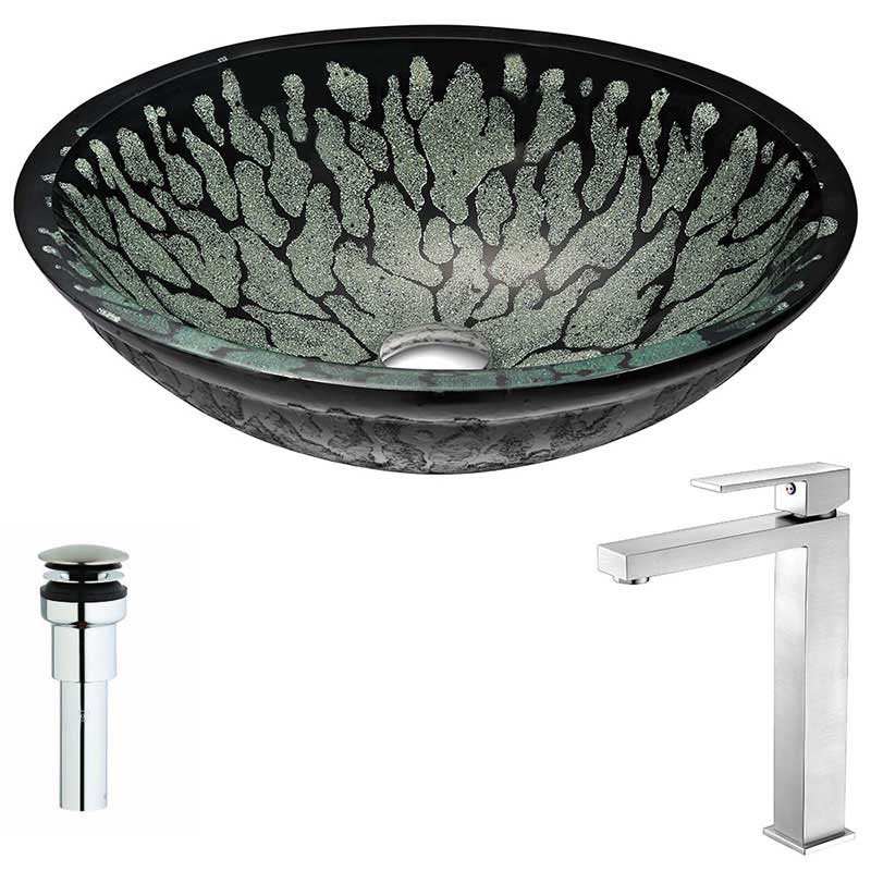 Anzzi Bravo Series Deco-Glass Vessel Sink in Lustrous Black with Enti Faucet in Brushed Nickel