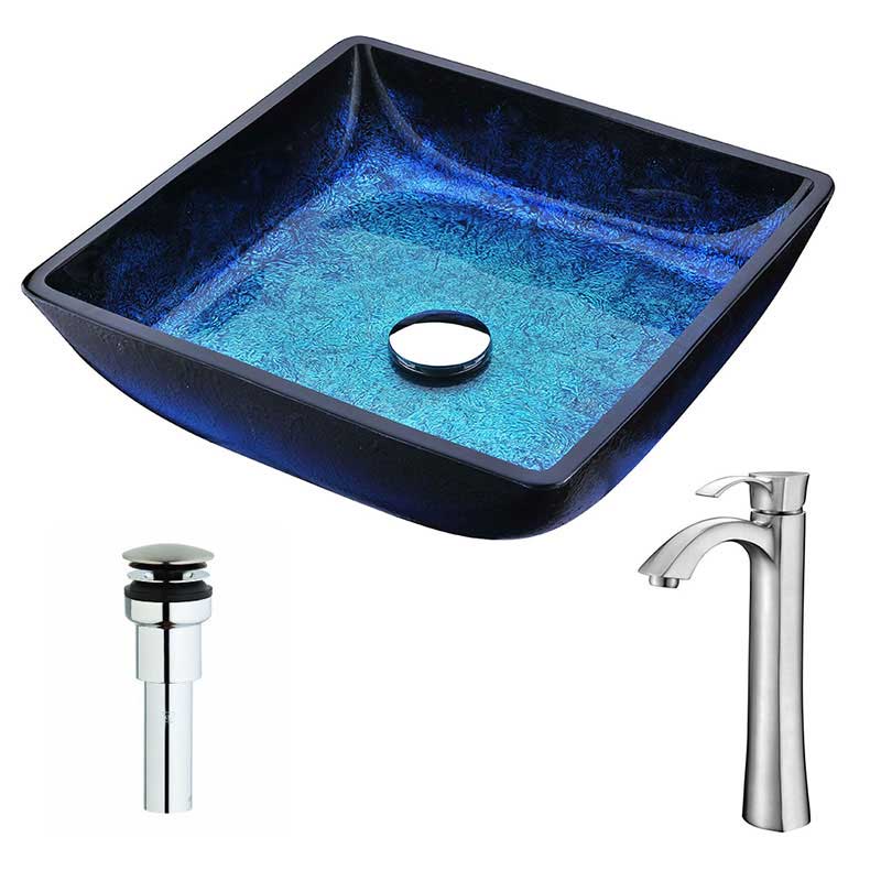 Anzzi Viace Series Deco-Glass Vessel Sink in Blazing Blue with Harmony Faucet in Brushed Nickel