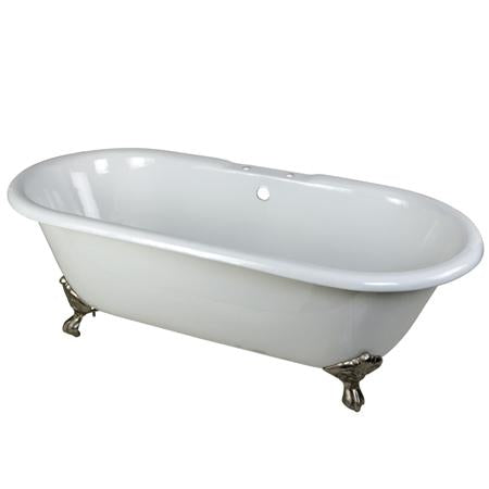 Kingston Brass VCT7D663013NB8 66 inches Cast Iron Double Ended Clawfoot Bathtub with Satin Nickel Feet and 7 inches Centers Faucet Drillings, White