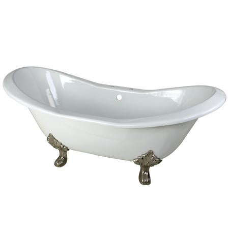 Kingston Brass VCT7D7231NC8 72 inches Cast Iron Double Slipper Clawfoot Bathtub with Satin Nickel Feet and 7 inches Centers Faucet Drillings, White