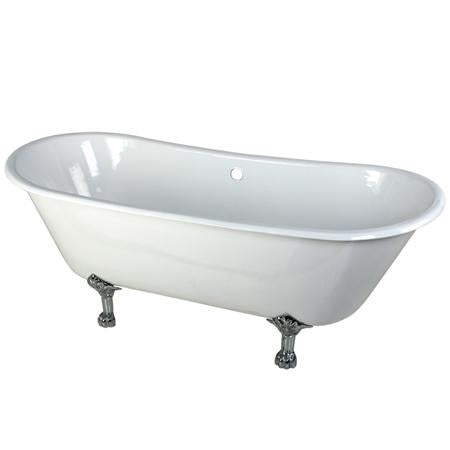 Kingston Brass VCTND6728NH1 67 inches Cast Iron Double Slipper Clawfoot Bathtub with Chrome Feet without Faucet Drillings, White