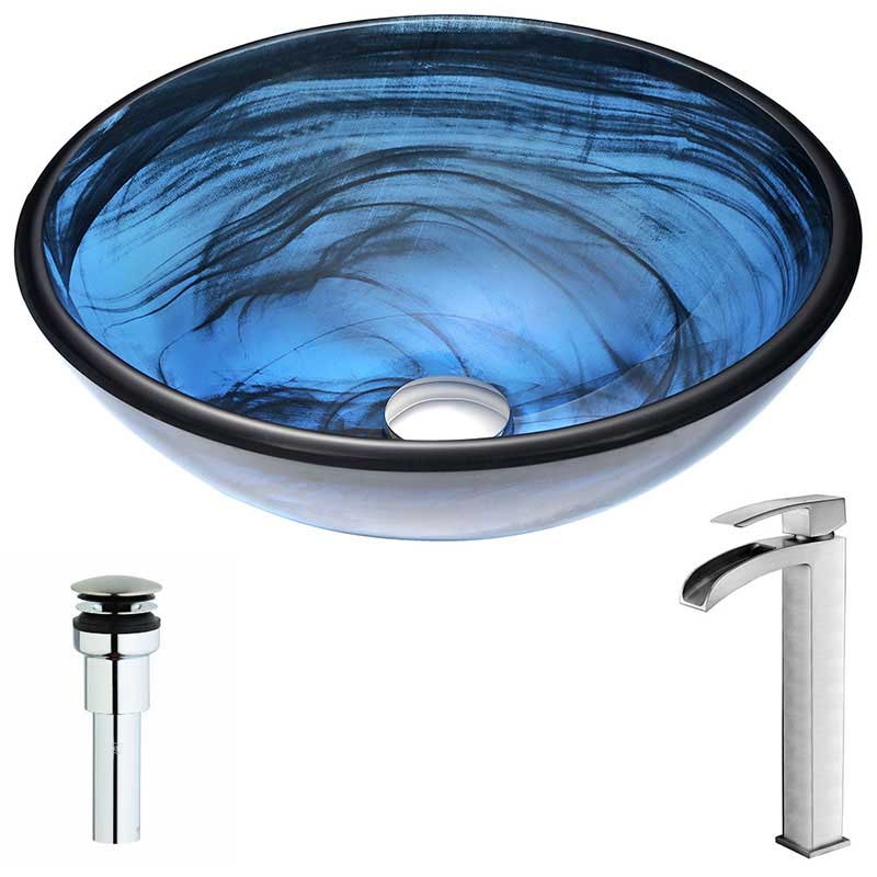 Anzzi Soave Series Deco-Glass Vessel Sink in Sapphire Wisp with Key Faucet in Brushed Nickel