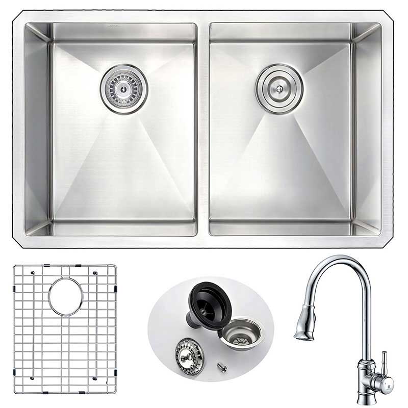 Anzzi VANGUARD Undermount Stainless Steel 32 in. Double Bowl Kitchen Sink and Faucet Set with Sails Faucet in Polished Chrome