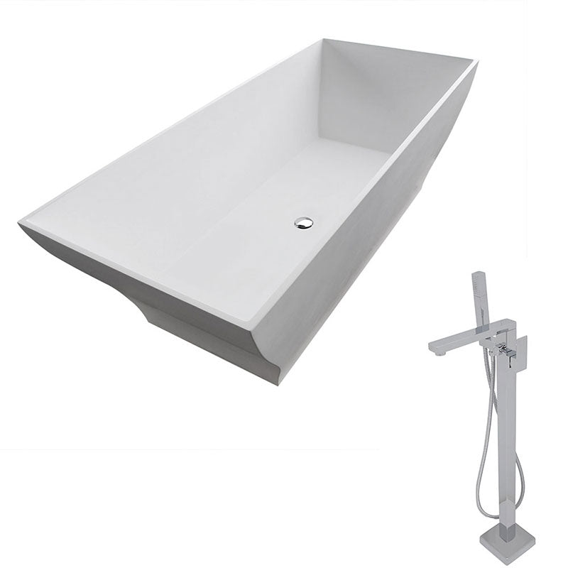 Anzzi Crema 5.9 ft. Man-Made Stone Freestanding Non-Whirlpool Bathtub in Matte White and Dawn Series Faucet in Chrome