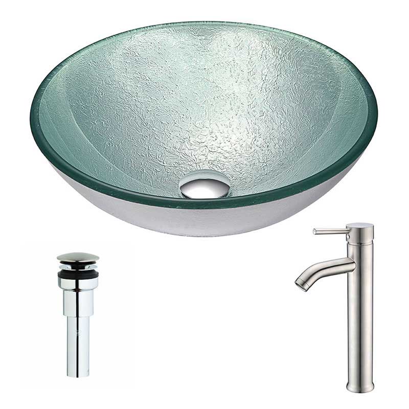 Anzzi Spirito Series Deco-Glass Vessel Sink in Churning Silver with Fann Faucet in Chrome