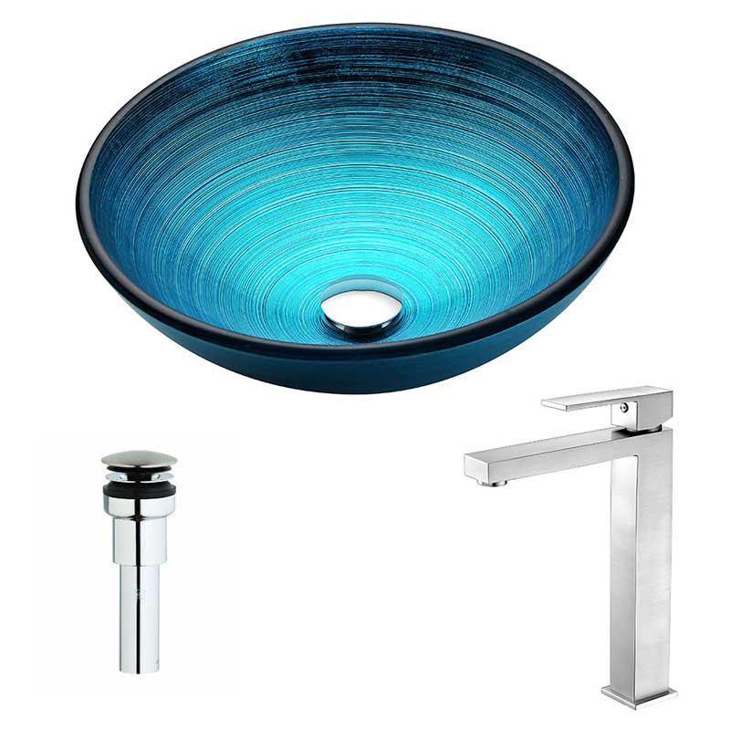 Anzzi Enti Series Deco-Glass Vessel Sink in Lustrous Blue with Enti Faucet in Brushed Nickel
