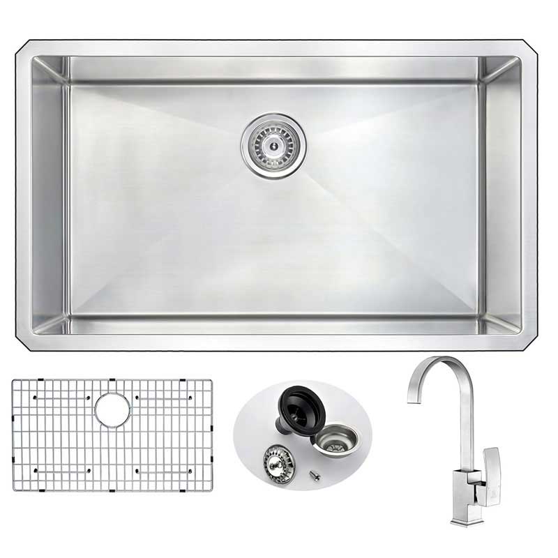 Anzzi VANGUARD Undermount Stainless Steel 32 in. 0-Hole Single Bowl Kitchen Sink with Opus Faucet in Brushed Nickel