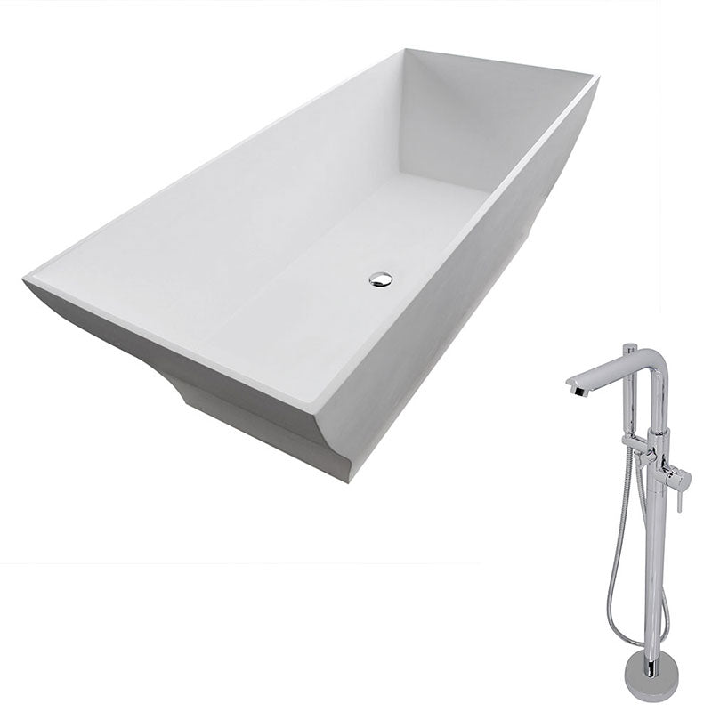 Anzzi Crema 5.9 ft. Man-Made Stone Freestanding Non-Whirlpool Bathtub in Matte White and Sens Series Faucet in Chrome