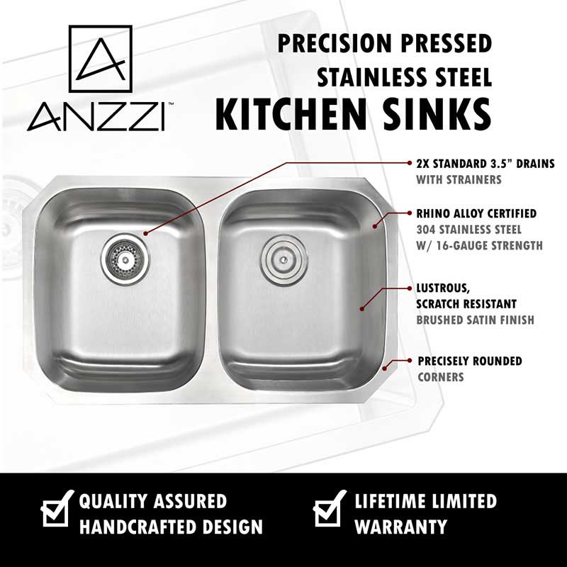 Anzzi MOORE Undermount Stainless Steel 32 in. Double Bowl Kitchen Sink and Faucet Set with Harbour Faucet in Brushed Nickel 5