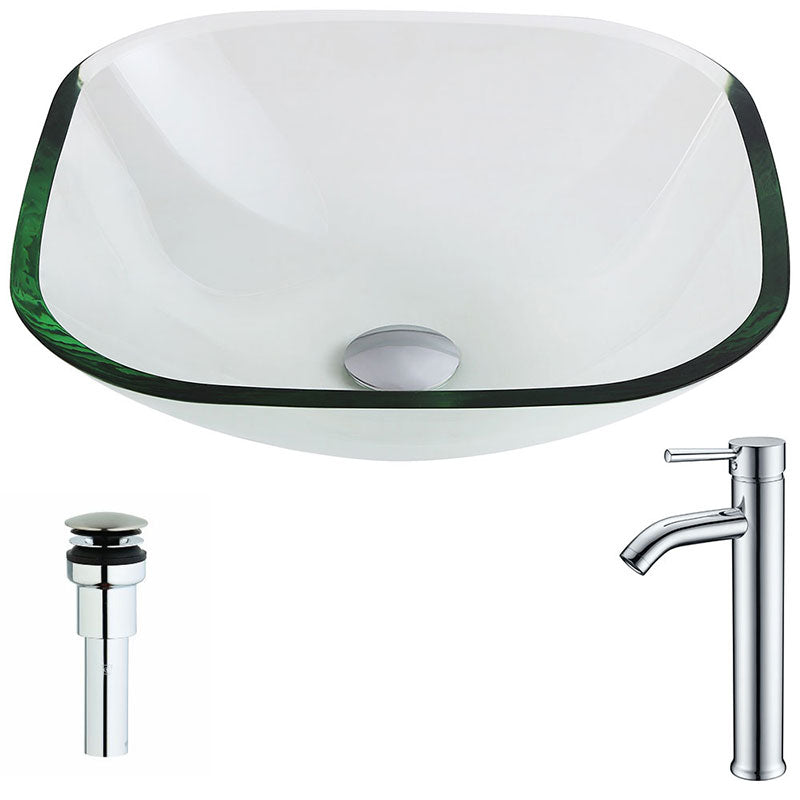 Anzzi Cadenza Series Deco-Glass Vessel Sink in Lustrous Clear Finish with Fann Faucet in Chrome