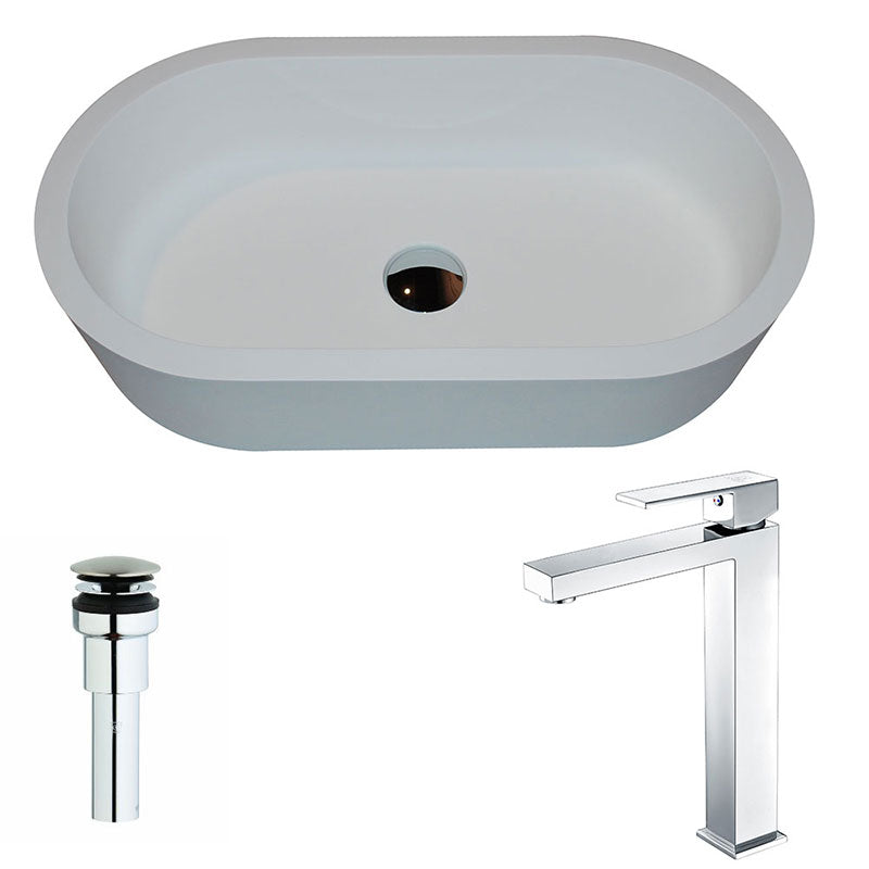 Anzzi Vaine One Piece Man Made Stone Vessel Sink in Matte White with Enti Faucet in Chrome