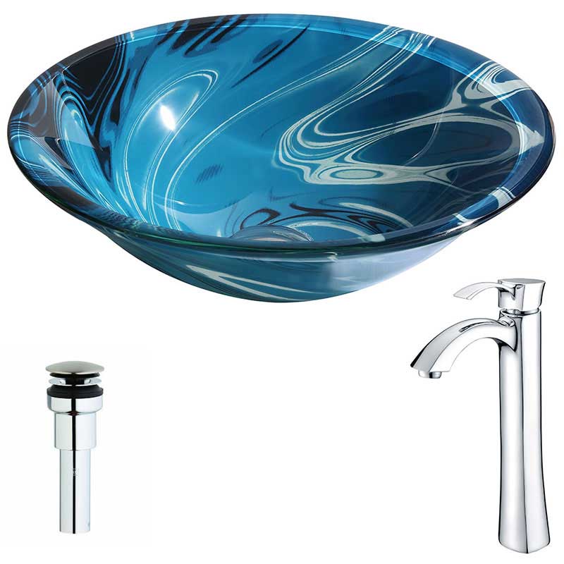Anzzi Symphony Series Deco-Glass Vessel Sink in Lustrous Dark Blue with Harmony Faucet in Chrome