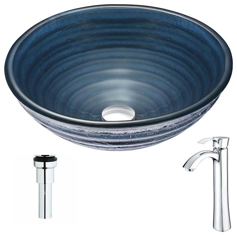 Anzzi Tempo Series Deco-Glass Vessel Sink in Coiled Blue with Harmony Faucet in Chrome
