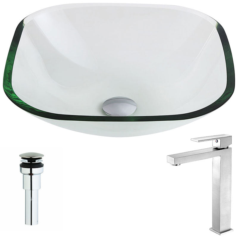 Anzzi Cadenza Series Deco-Glass Vessel Sink in Lustrous Clear with Enti Faucet in Brushed Nickel