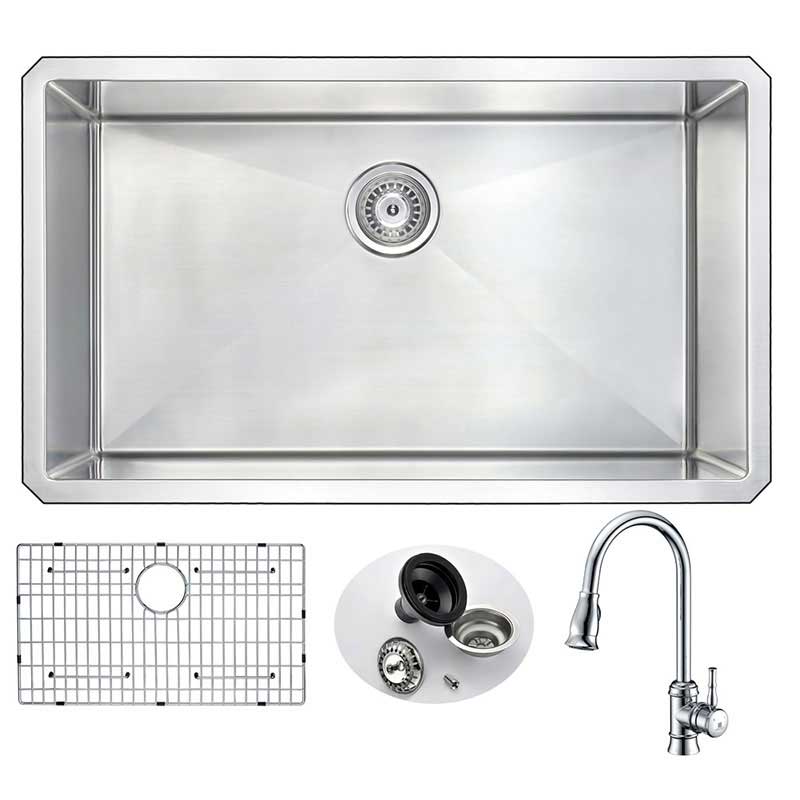 Anzzi VANGUARD Undermount Stainless Steel 32 in. 0-Hole Single Bowl Kitchen Sink with Sails Faucet in Polished Chrome
