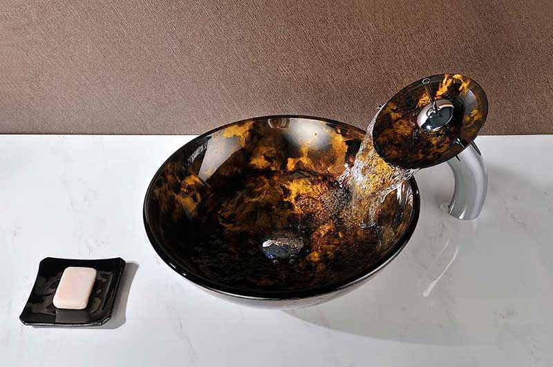 Anzzi Timbre Series Deco-Glass Vessel Sink in Kindled Amber with Matching Chrome Waterfall Faucet 4