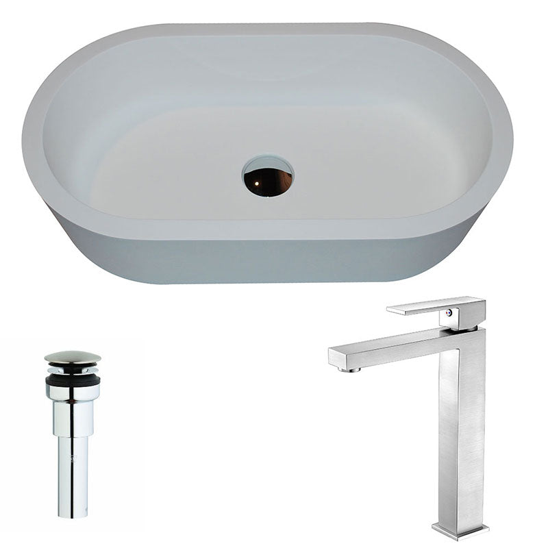 Anzzi Vaine Series 1-Piece Man Made Stone Vessel Sink in Matte White with Enti Faucet in Brushed Nickel