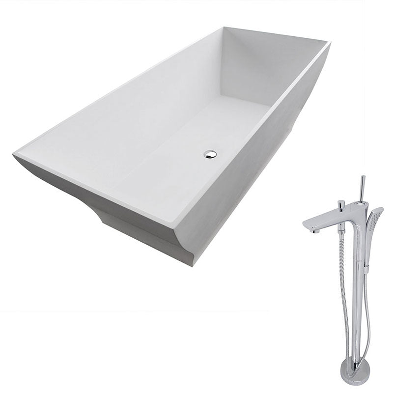Anzzi Crema 5.9 ft. Man-Made Stone Freestanding Non-Whirlpool Bathtub in Matte White and Kase Series Faucet in Chrome