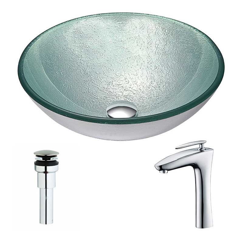 Anzzi Spirito Series Deco-Glass Vessel Sink in Churning Silver with Crown Faucet in Chrome