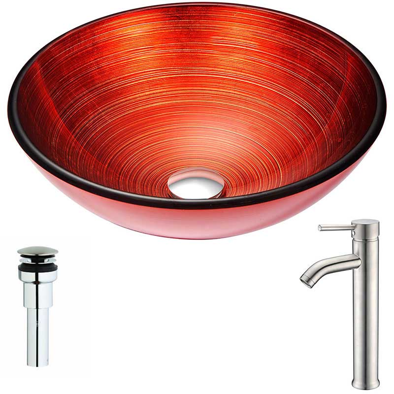 Anzzi Echo Series Deco-Glass Vessel Sink in Lustrous Red with Fann Faucet in Brushed Nickel