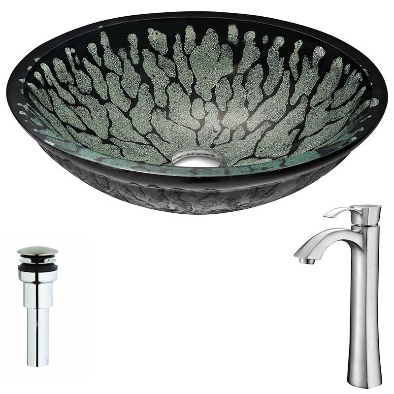 Anzzi Bravo Series Deco-Glass Vessel Sink in Lustrous Black with Harmony Faucet in Brushed Nickel