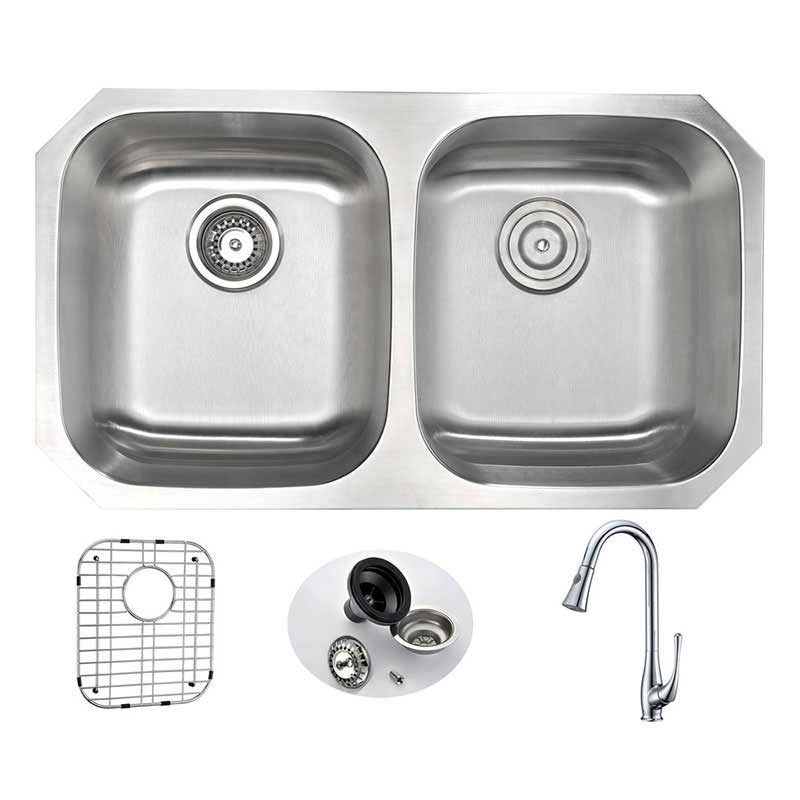 Anzzi MOORE Undermount Stainless Steel 32 in. Double Bowl Kitchen Sink and Faucet Set with Singer Faucet in Polished Chrome