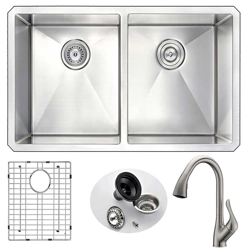 Anzzi VANGUARD Undermount Stainless Steel 32 in. Double Bowl Kitchen Sink and Faucet Set with Accent Faucet in Brushed Nickel