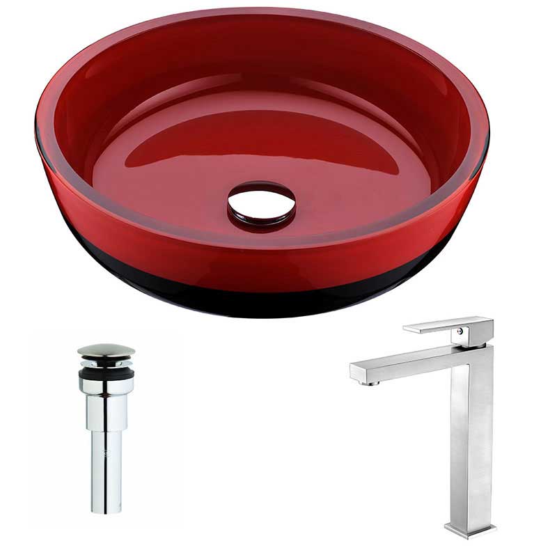 Anzzi Schnell Series Deco-Glass Vessel Sink in Lustrous Red and Black with Enti Faucet in Brushed Nickel