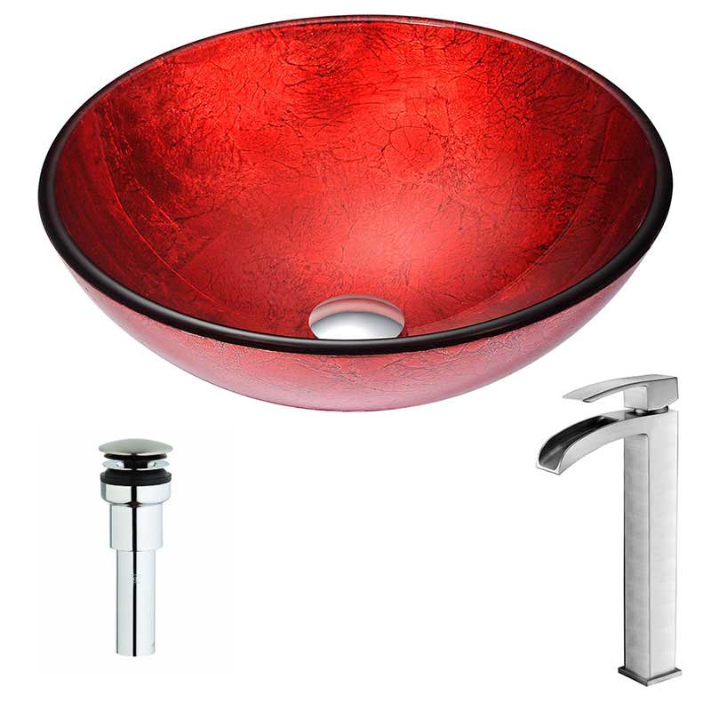 Anzzi Crown Series Deco-Glass Vessel Sink in Lustrous Red with Key Faucet in Brushed Nickel