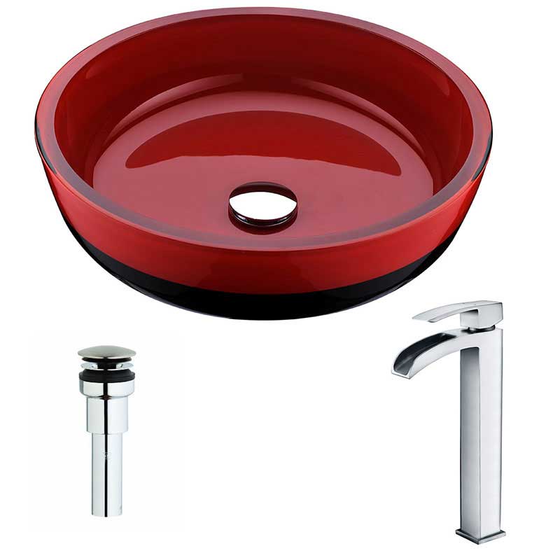 Anzzi Schnell Series Deco-Glass Vessel Sink in Lustrous Red and Black with Key Faucet in Polished Chrome