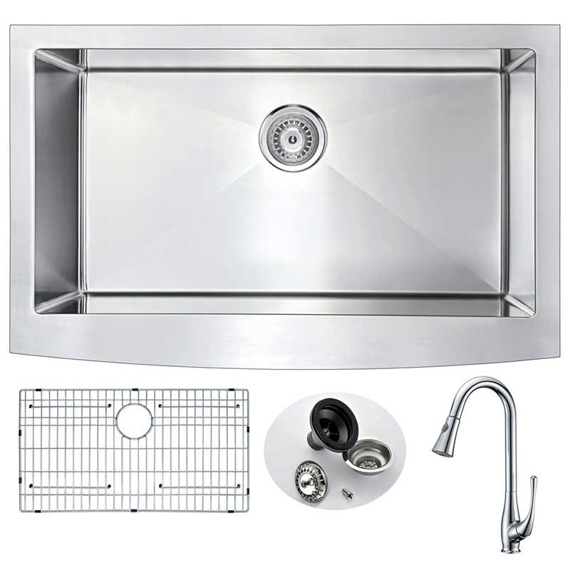 Anzzi ELYSIAN Farmhouse Stainless Steel 36 in. 0-Hole Kitchen Sink and Faucet Set with Singer Faucet in Polished Chrome