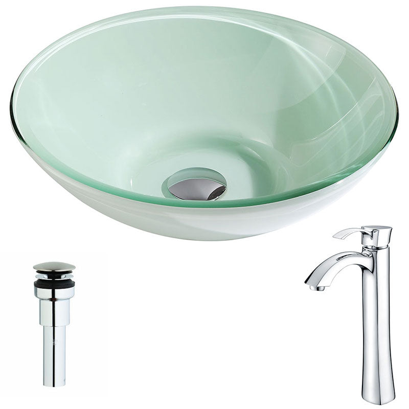 Anzzi Sonata Series Deco-Glass Vessel Sink in Lustrous Light Green with Harmony Faucet in Polished Chrome