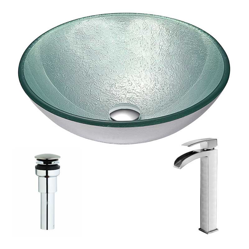 Anzzi Spirito Series Deco-Glass Vessel Sink in Churning Silver with Key Faucet in Brushed Nickel