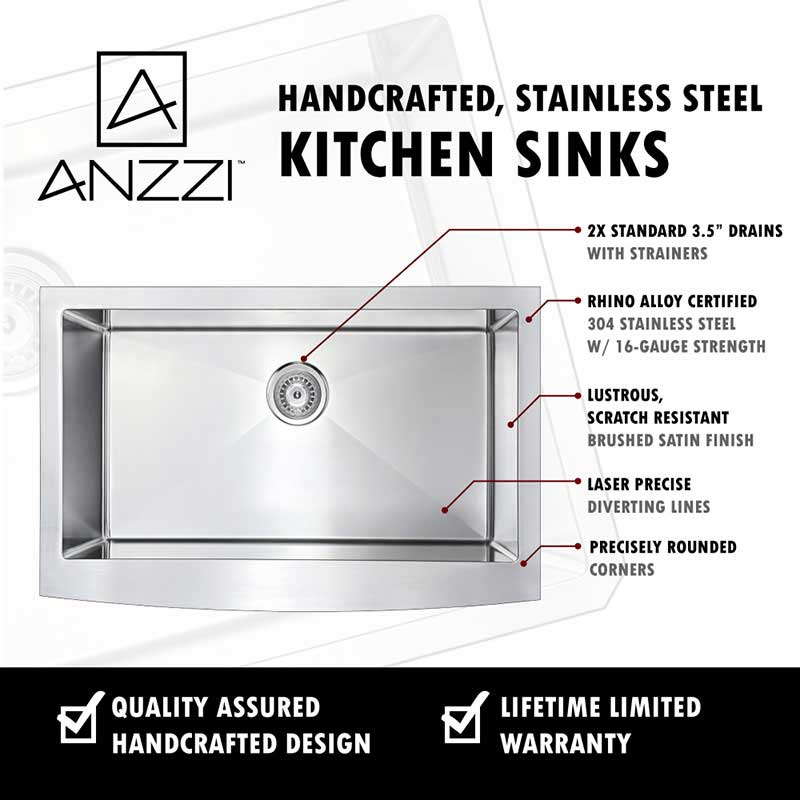 Anzzi ELYSIAN Farmhouse Stainless Steel 36 in. 0-Hole Kitchen Sink and Faucet Set with Singer Faucet in Polished Chrome 5