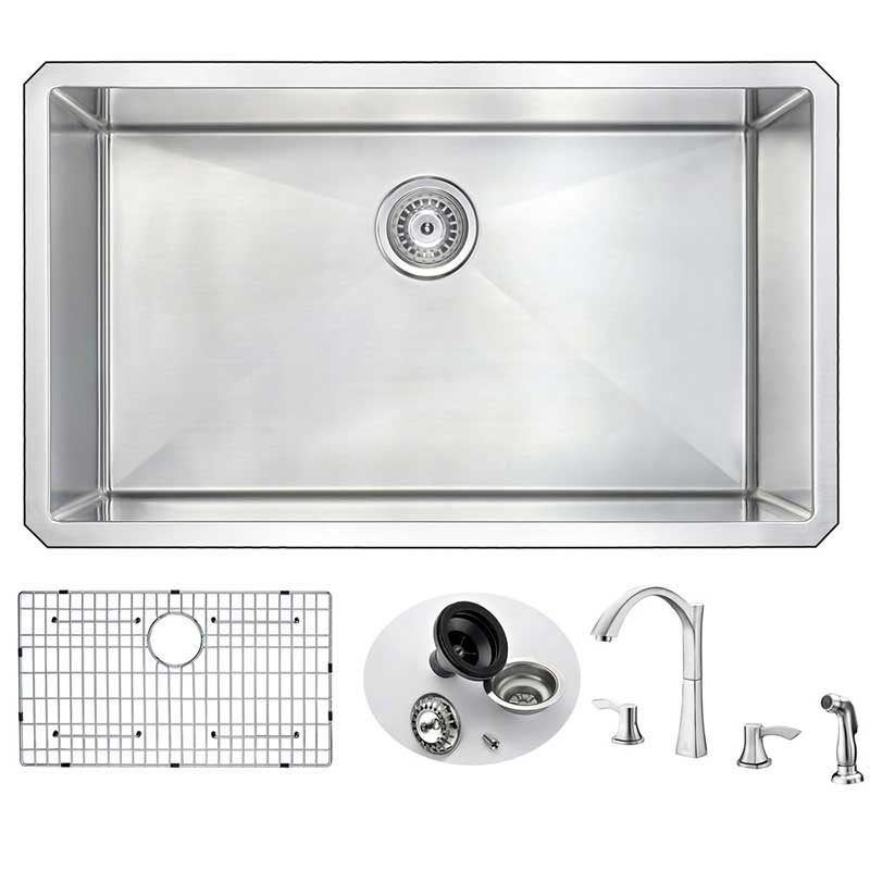 Anzzi VANGUARD Undermount Stainless Steel 32 in. 0-Hole Single Bowl Kitchen Sink with Soave Faucet in Brushed Nickel