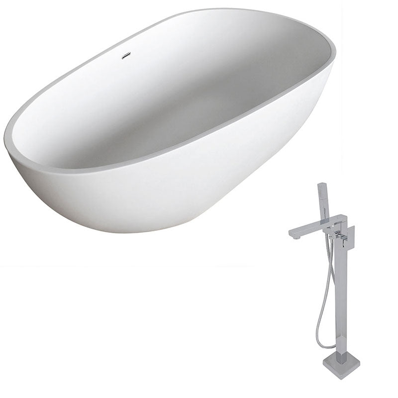 Anzzi Fiume 5.6 ft. Man-Made Stone Freestanding Non-Whirlpool Bathtub in Matte White and Dawn Series Faucet in Chrome