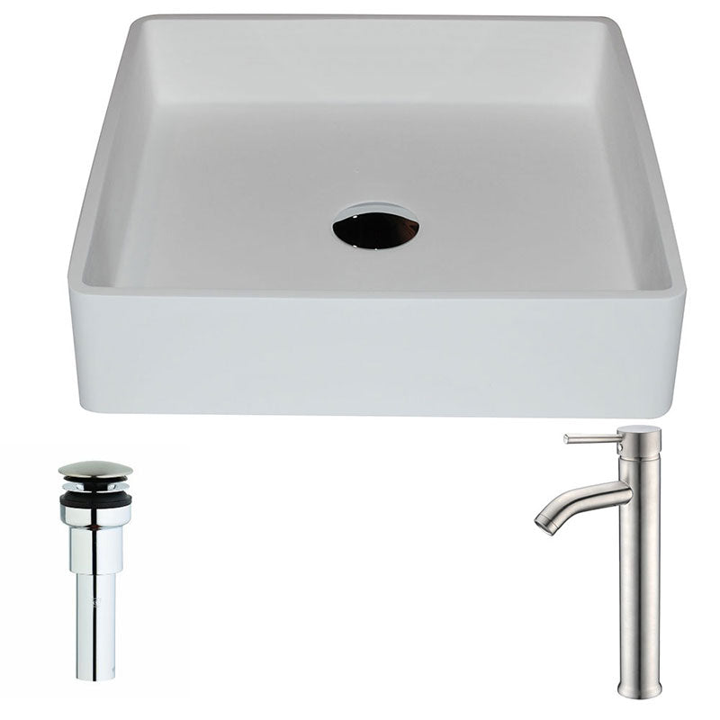 Anzzi Passage Series 1-Piece Man Made Stone Vessel Sink in Matte White with Fann Faucet in Brushed Nickel
