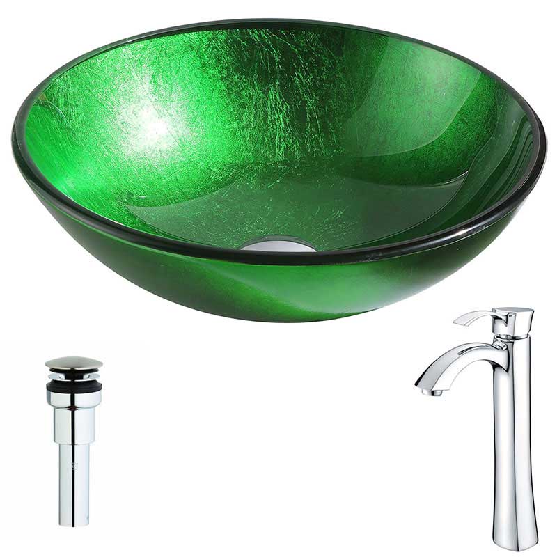 Anzzi Melody Series Deco-Glass Vessel Sink in Lustrous Green with Harmony Faucet in Polished Chrome