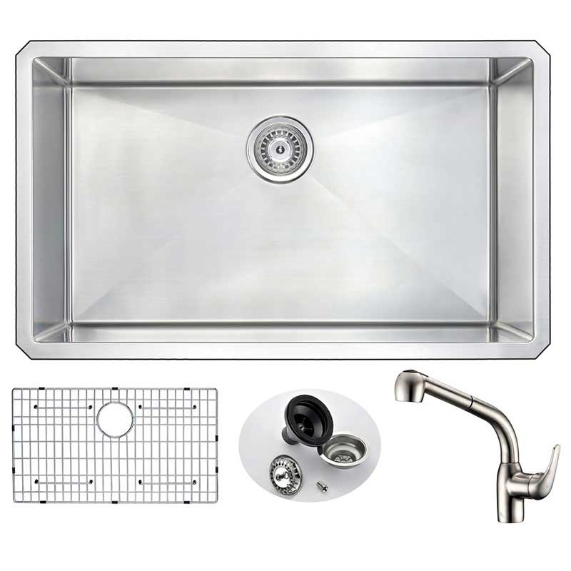 Anzzi VANGUARD Undermount Stainless Steel 32 in. 0-Hole Single Bowl Kitchen Sink with Harbour Faucet in Brushed Nickel