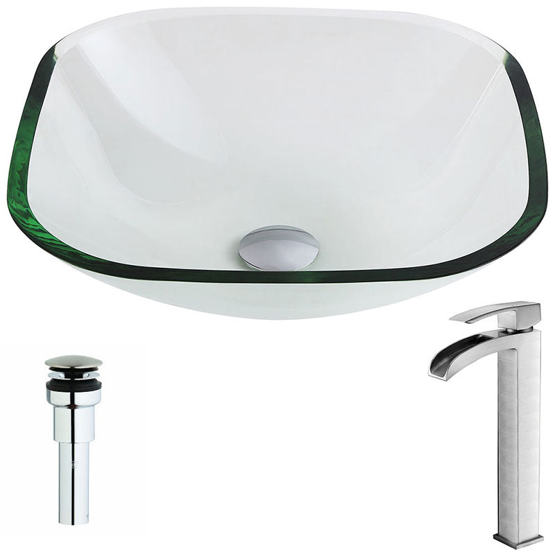 Anzzi Cadenza Series Deco-Glass Vessel Sink in Lustrous Clear with Key Faucet in Brushed Nickel