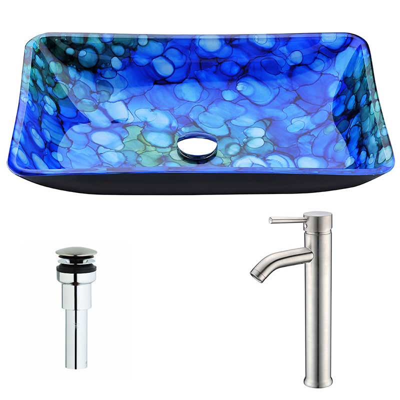 Anzzi Voce Series Deco-Glass Vessel Sink in Lustrous Blue with Fann Faucet in Polished Chrome